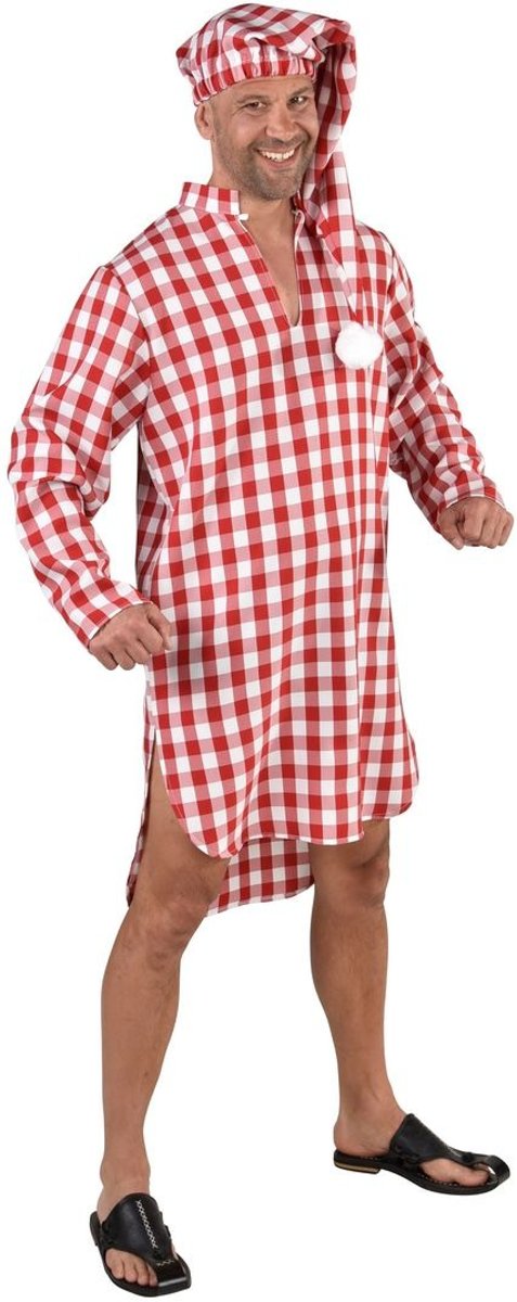 Bejaard Kostuum | Vader Jakob Nachthemd Met Slaapmuts Rood Wit Geblokt | Man | XL / XXL | Carnaval kostuum | Verkleedkleding